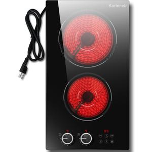2 Bruner Electric Cooktop, Plug in Electric Cooktop 110v, 12 Inch Kitchen Electrics Stove Countertop & Built-In, Knob and Touch Control, 9 Power Levels, 2000w, Safety Lock, Pause, Timer, Karienvir
