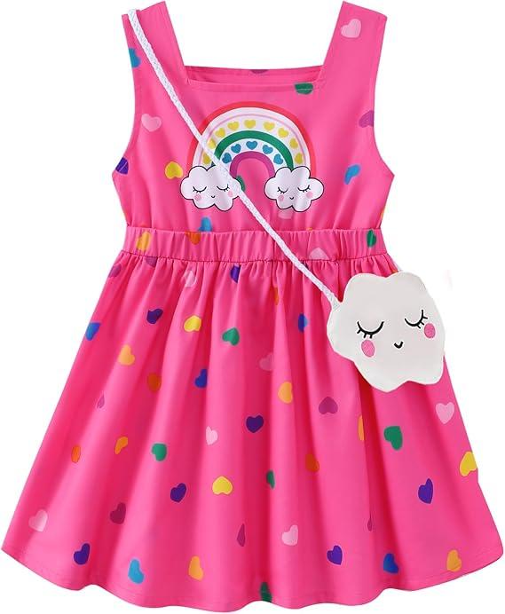 Toddler Girls Spring Dress Little Girl Rainbow Summer Dresses for Girls Sleeveless Sundress with Bag Outfits, Size 4-5 Years