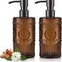 17 OZ Sunflower Embossed Glass Soap Dispenser - 2 Pack, with 304 Rust Proof Stainless Steel Pump, Glass Soap and Lotion Dispenser Set, Liquid Hand Soap Dispenser for Home, Kitchen & Bathroom (Amber)