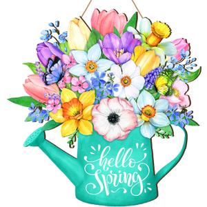 Spring Door Decor Happy Spring Sign 11.81 x 11.81 Inch Flower Welcome Wreaths for Front Door Rustic Wooden Decorations for Easter Party Home Outdoor Indoor Decor