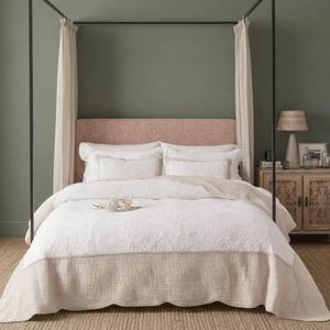 BOV King Size Quilt - Cotton Quilt King Size Bedding Set with 2 Pillow Shams, Pre-Washed Lightweight Cotton Bedspread Coverlet Bed Set for All Season, Floral Embroidery 106"X96" Light Beige Ivory