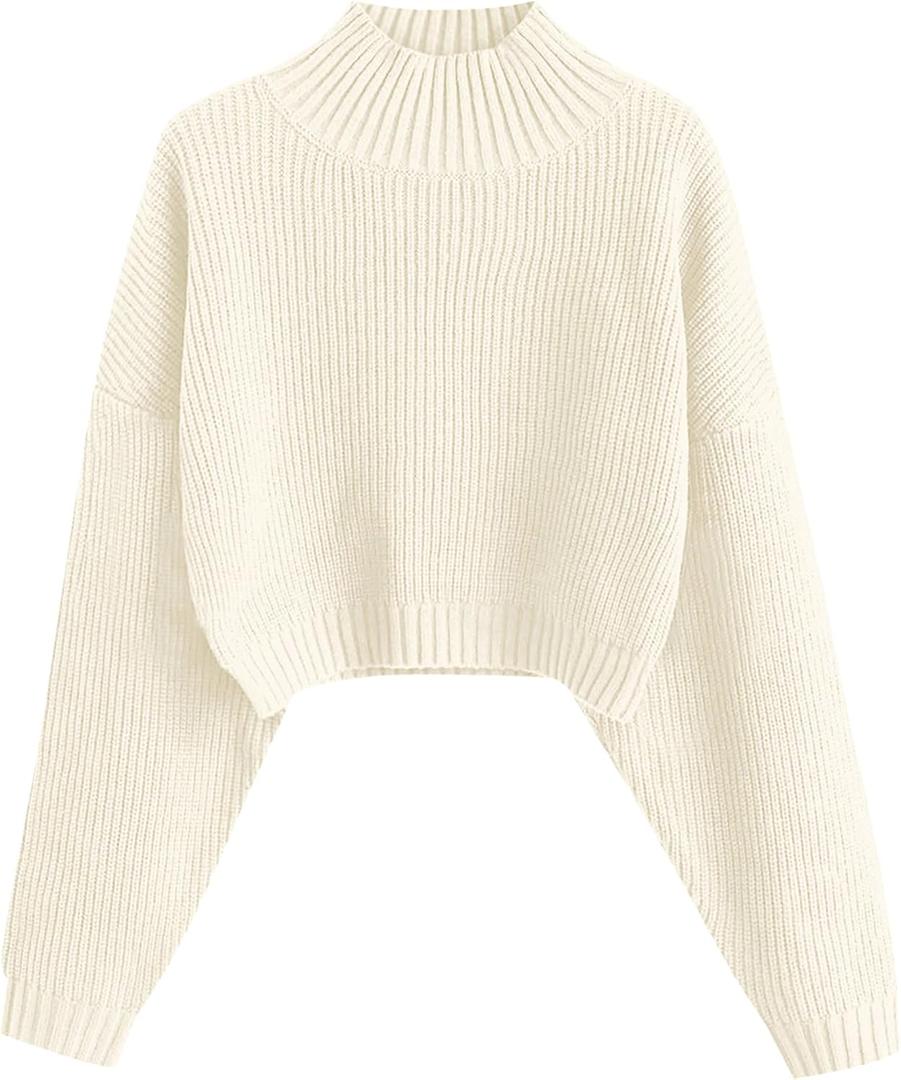 ZAFUL Women's Cropped Turtleneck Sweater Lantern Sleeve Ribbed Knit Pullover Sweater Jumper (0-white) S