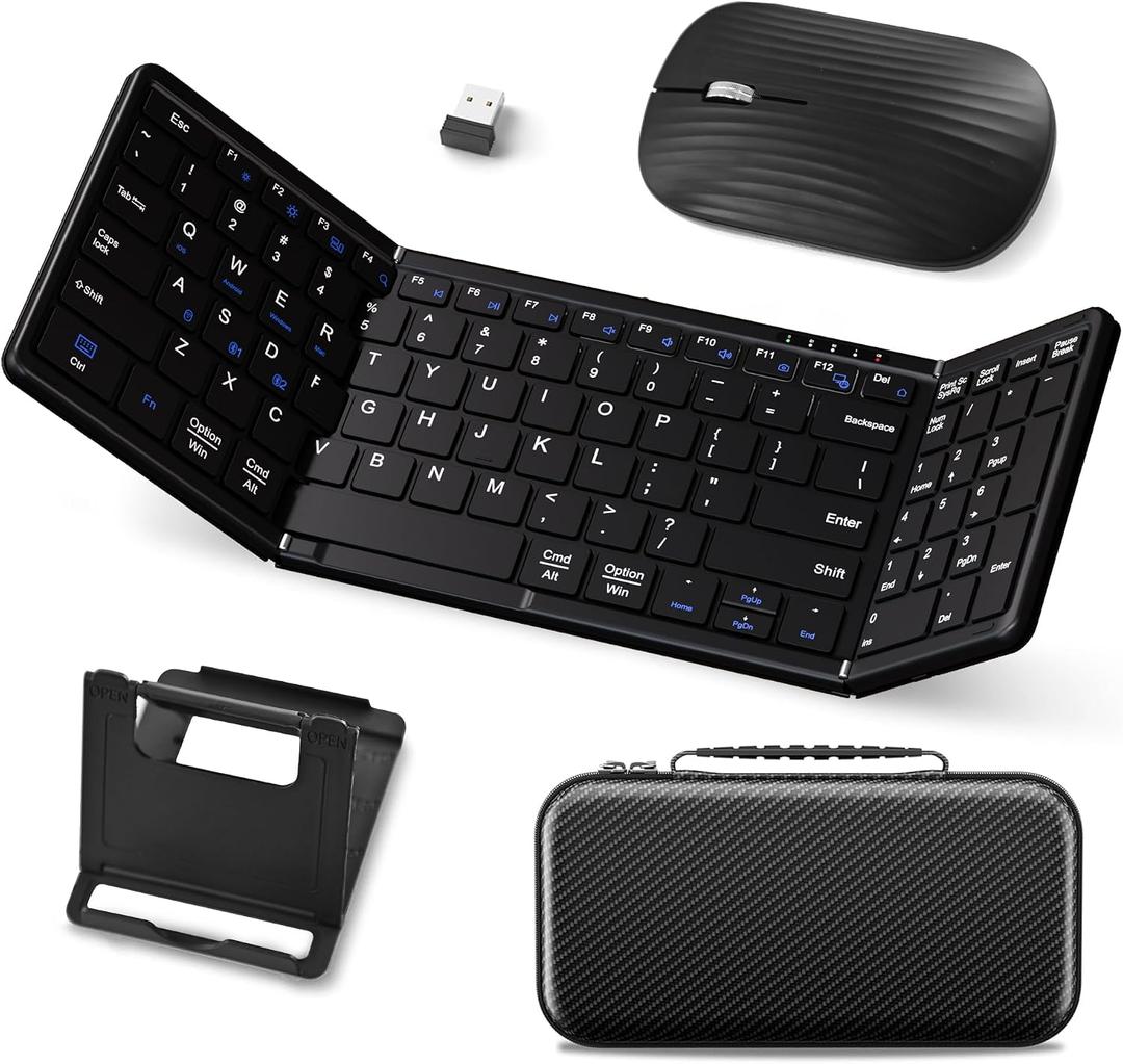 Foldable Keyboard and Mouse, USB-C Rechargeable Folding Wireless Bluetooth Keyboard Combo, Full-Size Portable Travel Keyboard & Mouse for Business Travel, Compatible with Laptop iPad Tablet