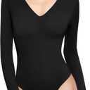 PUMIEY Bodysuits for women V Neck Long Sleeve Body Suit Sexy Tops Smoke Cloud Pro Collection (Small, Jet Black)