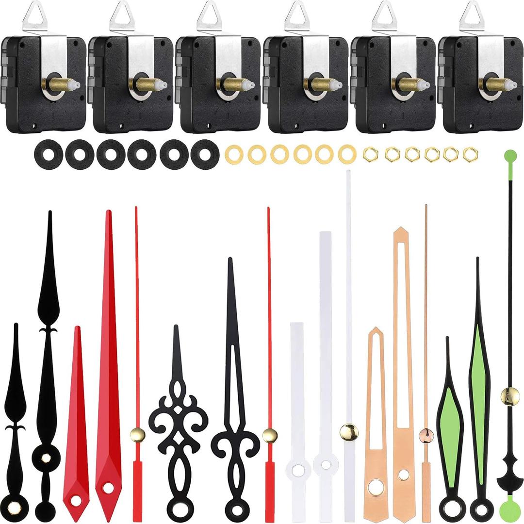 Mudder 6 Pieces High Torque Long Shaft Clock Movement Mechanism with Pasters, Hooks and 6 Different Pairs of Hands Clock Repair Parts Replacement (20 mm/ 0.78 Inches)