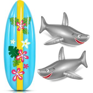 Cunhill 3 Pcs Inflatable Surf Board and Shark Luau Decoration Include 2 Pcs 38.9 in Shark Pool Toy and 60 in Inflatable Surfboard Decor Party Decorations for Adults Boys Girls Surf Beach Party