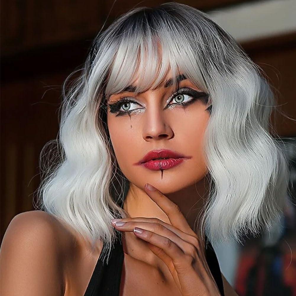 LOSMOEER Ombre Silver Wig with Bangs Short Wavy Wigs for Women Shoulder Length Curly Bob Wigs Heat Resistant Synthetic Wigs for Halloween Cosplay Daily Party Use (14 Inch)