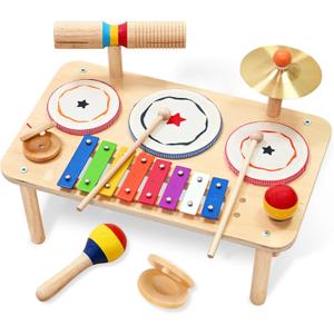 WINYGZ 9-in-1 Baby Drum Set, Low Noise Montessori Musical Instruments for Toddlers 1-3, Safe & Durable Wooden Music Toys for Quiet Sensory Play at Home, Great Birthday for Boys Girls