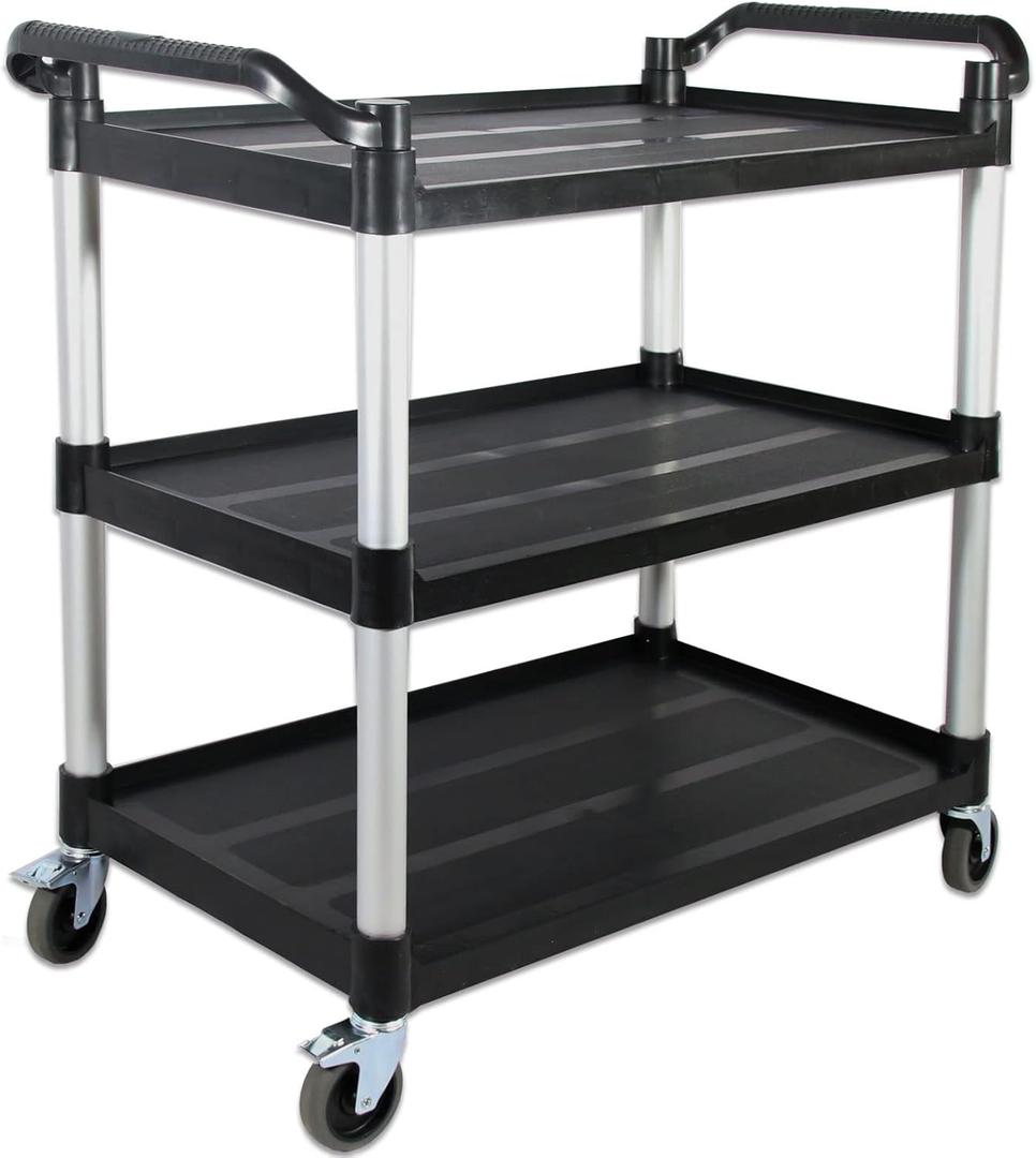 Plastic Commercial Cart Large Size, Restaurant Cart with Wheels Lockable, Heavy Duty Utility Service Cart for Foodservice, Commercial,Office, Warehouse, Black, 40.15X 19.29x 38.97 inches.