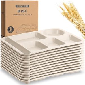 Pinkunn 12 Pcs 14'' Large Divided Plates Unbreakable Wheat Straw Lunch Trays 6 Compartments Cafeteria Trays Microwave Dishwasher Safe Food Separator Plates (Beige)