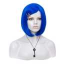 MORTICIA Short Straight Blue Women Bob Full Bang with Dragonfly Hairpin + Black Key Pendant Necklace(Adult 2)