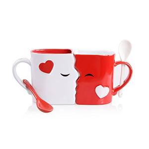 Blu Devil Kissing Mugs Set, Anniversary & Wedding Gifts, Exquisitely Crafted Two Large Cups & Spoons for Couples, For Him and Her on Valentines, Birthday, Engagement