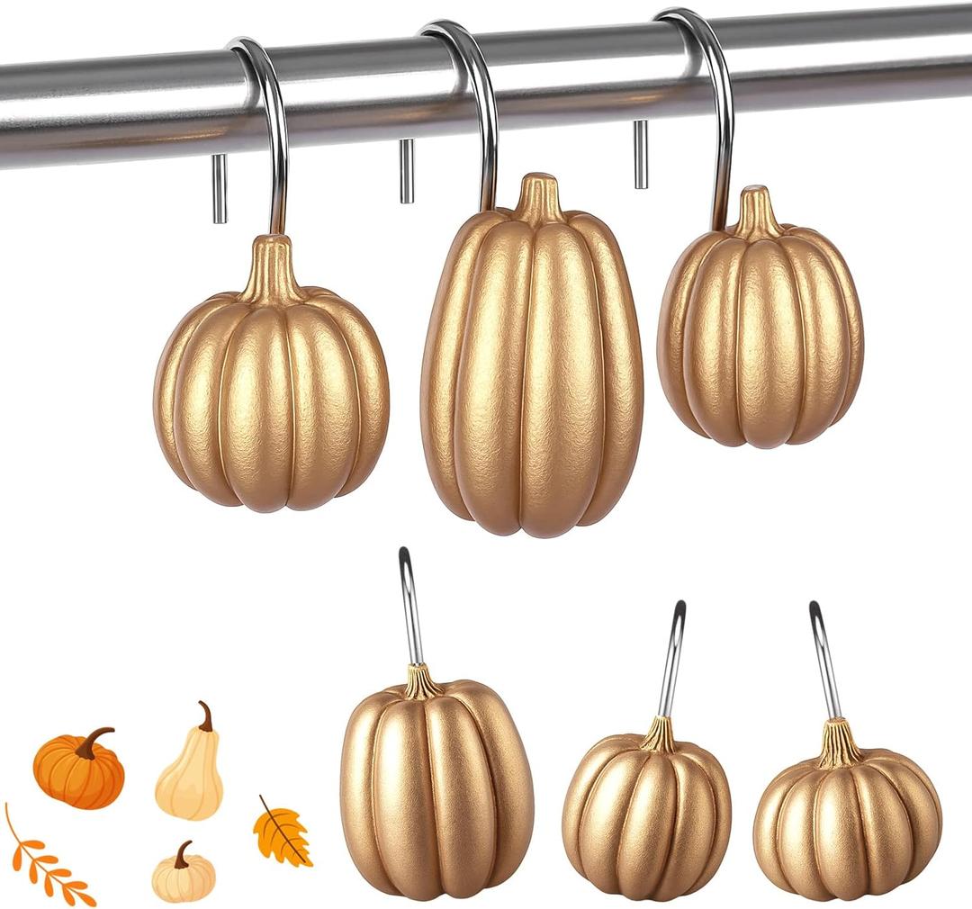 Weysat 12 Pcs Pumpkin Decorative Shower Curtain Hooks Fall Shower Curtain Rings Hanger Stainless Steel Resin Thanksgiving Bathroom Hook for Halloween Farmhouse Rustic Bathroom Decor(Gold,Pumpkin)