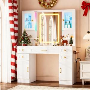 NUNU LAB White Vanity Desk with Mirror and Lights, Women Makeup Vanity with 16 RGB Colors Light & Power Outlet, 4 Cabinet, 2 Shelves & 5 Drawers for Bedroom (049 White)