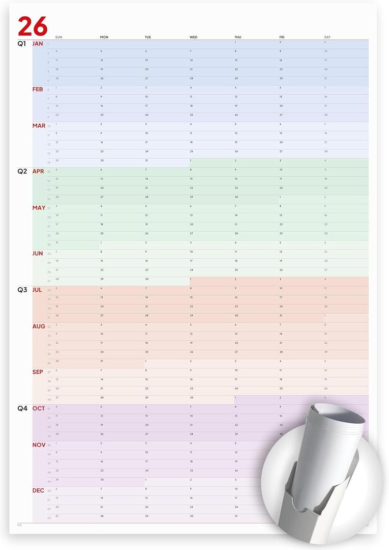 2026 Wall Calendar Large (39 x 27 inches - Rolled) Dry Erase Calendar for Wall, Vertical, Quality Large Print, Gloss Lamination, Special Continuous Design.