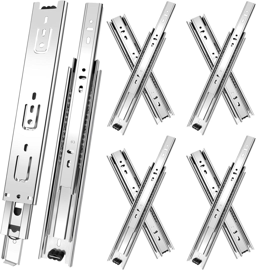 22 inch Drawer Slides 4 Pairs (8pcs) 3 fold Full Extension Side Mount Cabinet Drawer Glides 22" Silver Cabinet Rails for Dresser, Cabinet, Kitchen,Trash Can, Wardrobe 100 LB Capacity