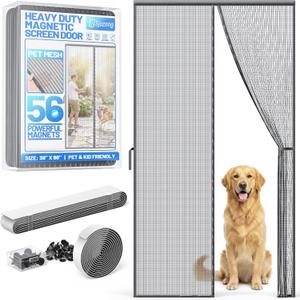 Heavy Duty Magnetic Screen Door Mesh - Auto-Sealing Hand-Free Door Net Screen with 50 Magnets, Pet & Kid Friendly, PET Fine Mesh Doors Screens Keep Bugs & Mosquitos Out Fits Front Doors Size 38" x 98" Screen Fits 36" x 96" Door