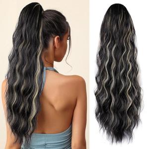 Ponytail Extension Long Wavy Drawstring Ponytail Clip in Ponytail Fake Pony Tail Black mixed Blonde Hair Ponytail Extension Synthetic Heat Resistant 26Inch Daily Party Use