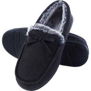 DL Men's Moccasin Slippers - Indoor & Outdoor, Suede Mens House Slippers with Memory Foam, Faux Fur Lining, Non Slip Outsole (8, Black)