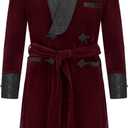Men's Velvet Smoking Robe Double Breasted Long Jacket Blazer with Belt for Dinner Party Wedding (44, Burgundy)