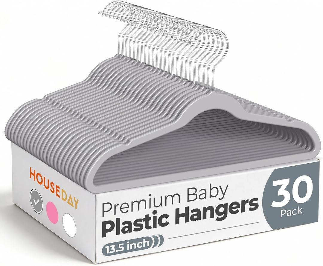 HOUSE DAY 13.5 Inch Kids Hangers 30 Pack - Premium ABS Plastic Clothes Hangers for Kids, Children, Preteens - Space Saving Thin Profile, Strong & Durable Hangers with 360 Swivel Hook - Gray