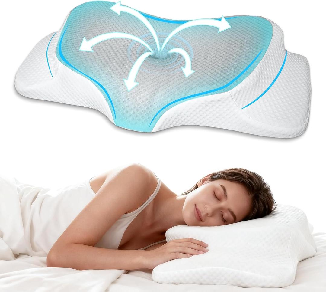 AlignCore Cervical Neck Pillow - Ergonomic Firm Memory Foam Bed Pillows for Sleeping, Neck Pillows for Pain Relief, Back and Side Sleeper Pillow (White with Gray Surface)