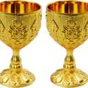Flylin 2 Pcs Chalice Goblet, 30ml Vintage Chalice Goblet Metal Shot Glasses Tiny Embossed, Medieval Cup Retro Ornaments for Kitchen Home Bar Party Wedding Decoration (Gold)