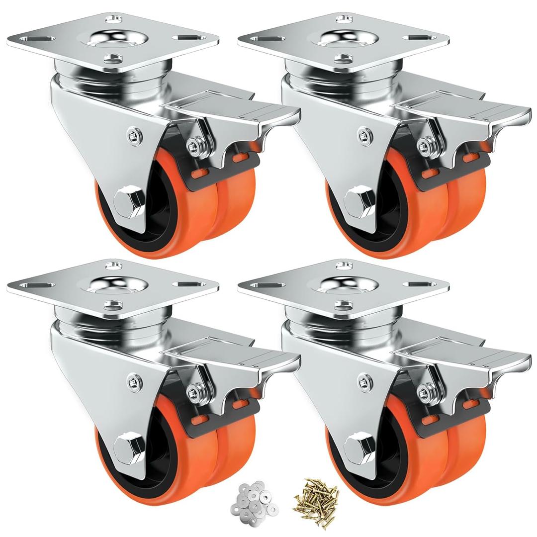 Caster Wheels, 2inch Casters Set of 4 Heavy Duty, Two-Wheeled Orange TPE Casters with Brake, Double-Wheeled Swivel Plate Locking Castor Wheels Widely Used in All Kinds of Furniture (4 Pack)