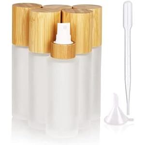 COSIDEA 6 pcs Empty 2oz /60ml bamboo lid Frosted glass spray bottle with fine mist despenser head for liquid perfume toiletries containers, toner bottles