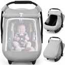 Rquite Car Seat Cover Baby, Carseat Covers Girl Boy, Breathable Muslin Cotton, Large Mesh Window, Infant Car Seat Canopy Baby Carrier Cover Stroller Sun Shade for Summer & Hot Day, Grey