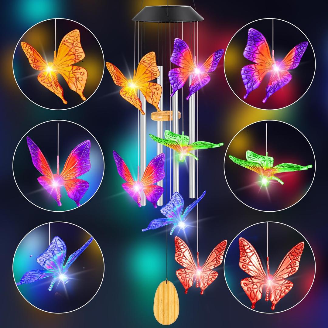 Womens Gifts for Christmas Wind Chimes Gift for Mom Birthday Gifts for Women Mom Butterfly Wind Chimes for Outside Gift for Grandma Solar Lights Garden Outdoor House Patio Dcor