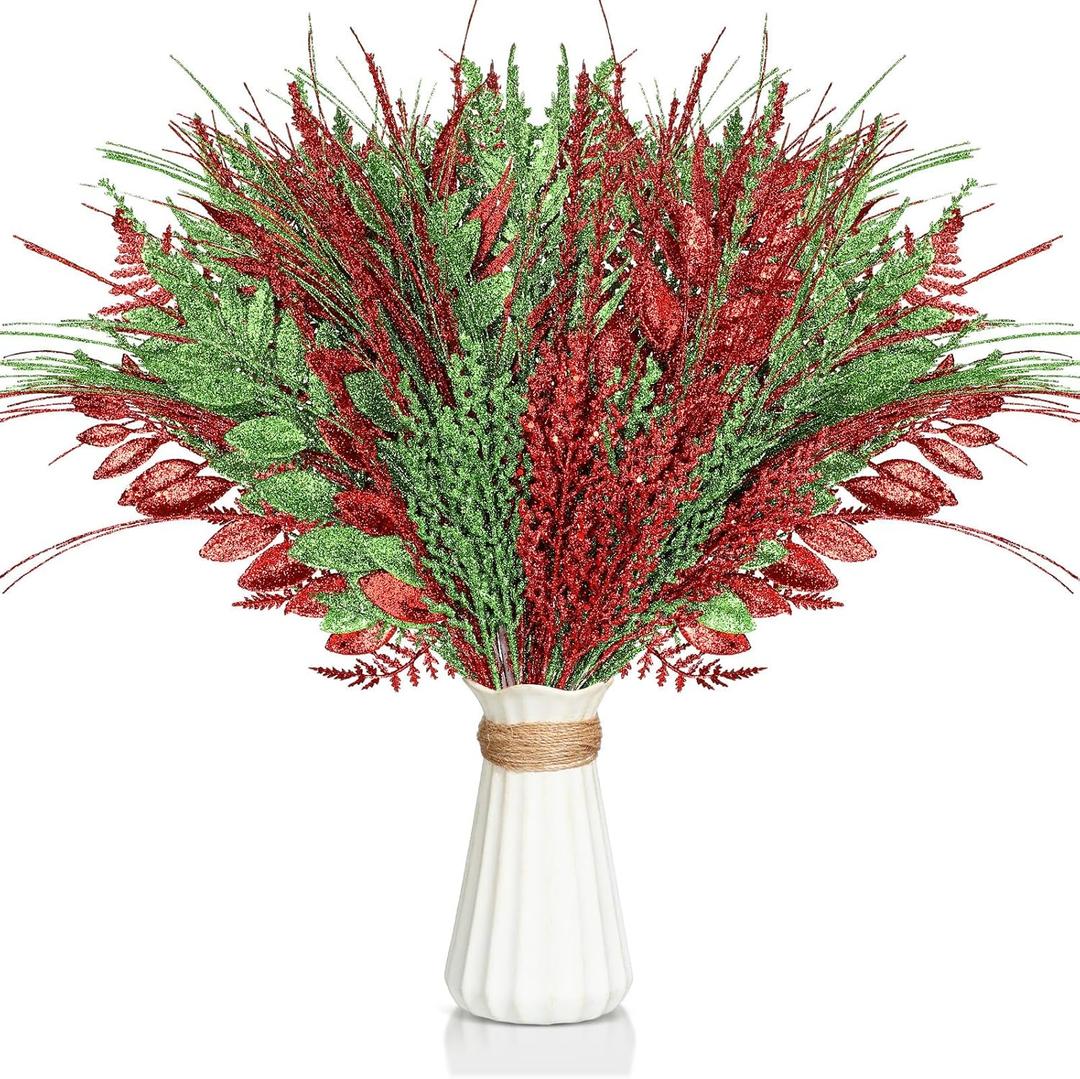 50 Pcs Red and Emerald Green Christmas Tree Picks and Sprays Xmas Tree Topper Glitter Pine Twigs Faux Glittery Branch Stems for Christmas Vase Wreath Decoration DIY Craft Supplies
