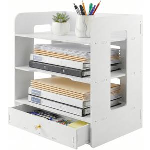 Desk Organizer, 3-Tier File Organizer for Desk with Drawer, Letter Tray Paper, Desktop Document Sorter for Letter, File Folder Holder for Office, Home or School- White MLT002W3