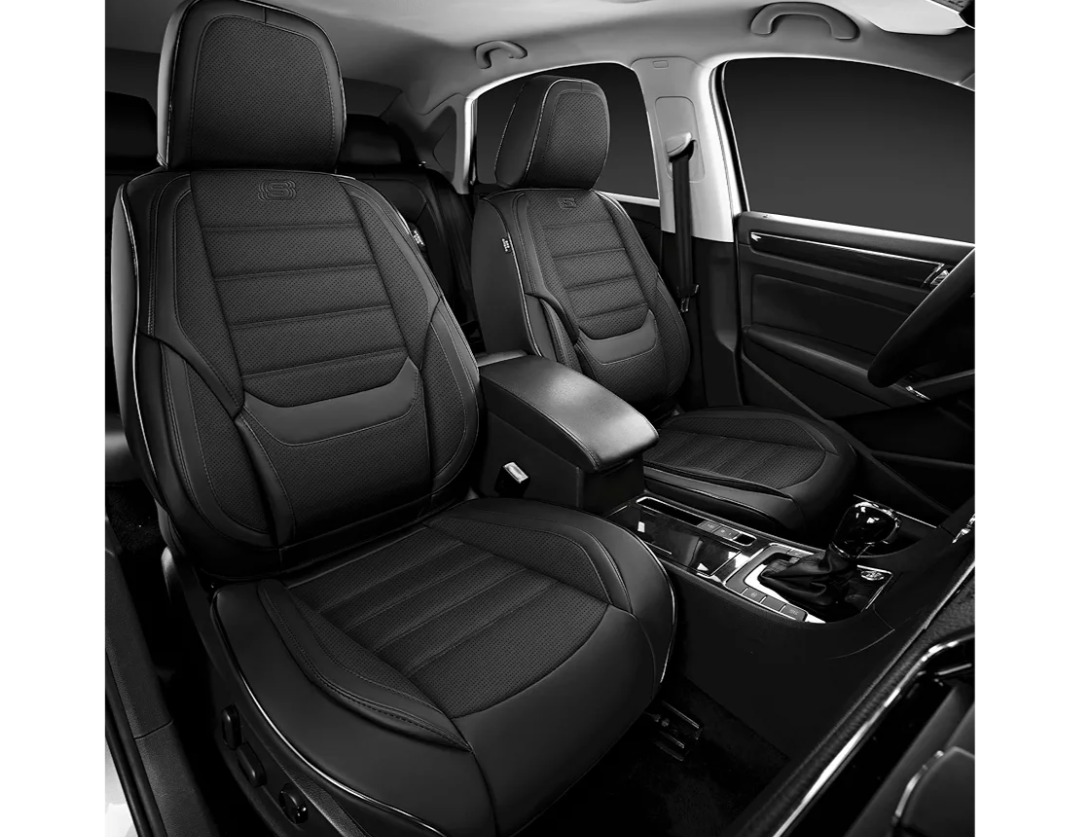 Skechers MAX Cushioning Seat Covers, Memory Foam Leather Car Seat Covers, Waterproof Car Seat Protector Front Seats, Car Seat Cushion Airbag Automotive Universal Fit for Most Cars, Vans, Trucks, SUV, Black