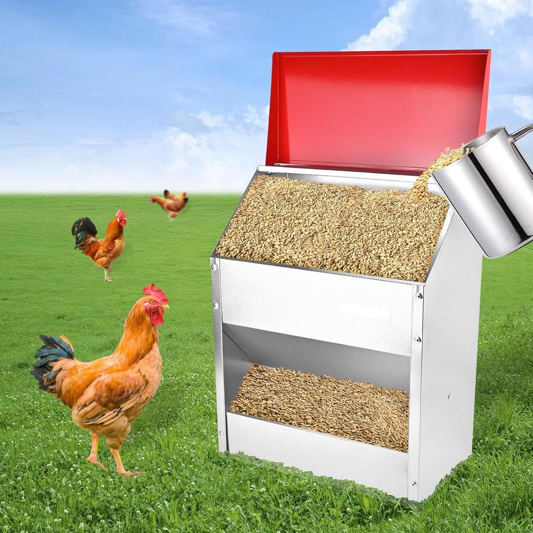 11.5-55lbs Galvanized Chicken Feeder - Rat Proof Poultry Feeder with Lid Weatherproof Outdoor Coop Food Dispenser (30lbs 13.8x8.3x17.7in)