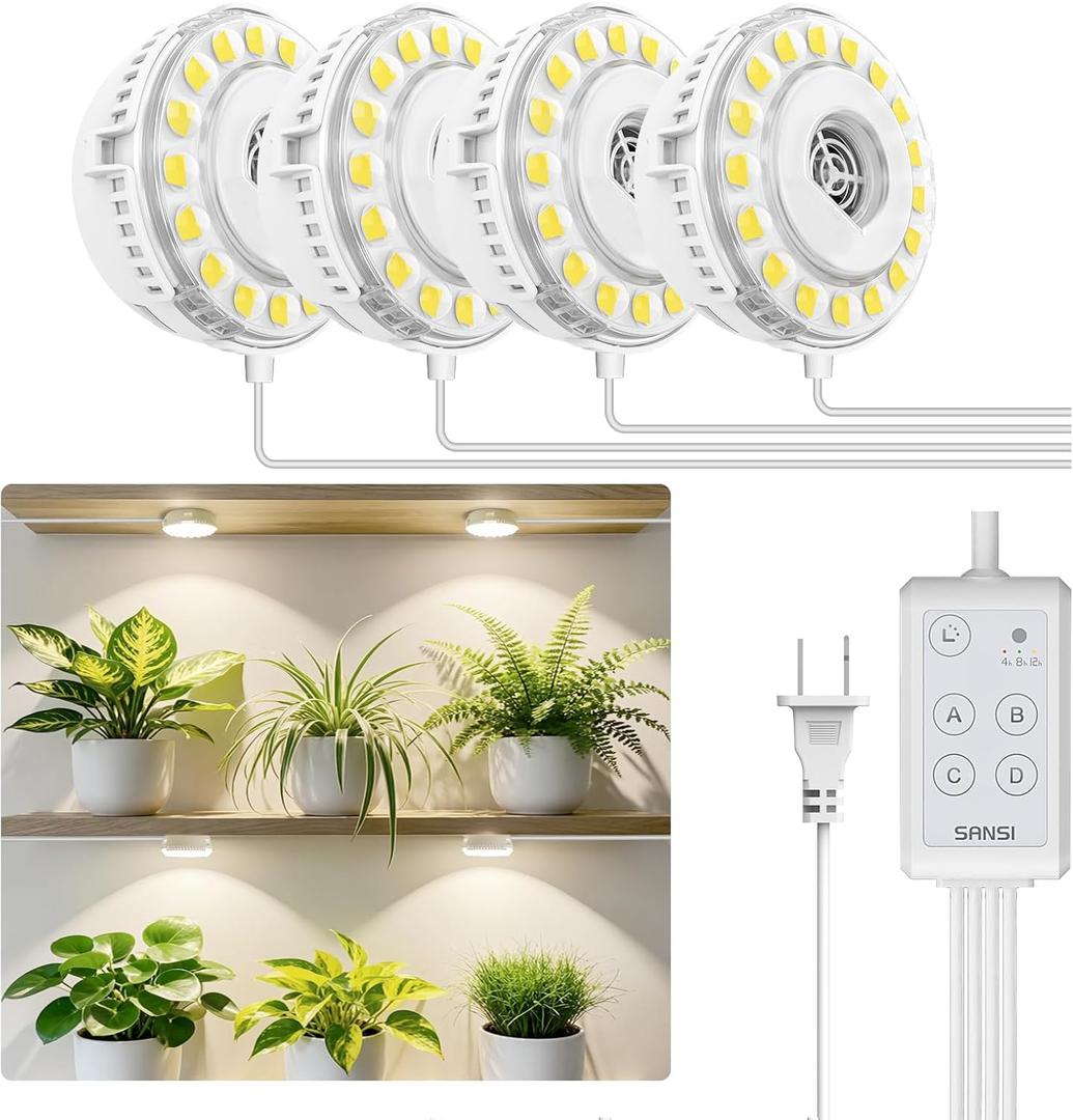 SANSI Puck Grow Lights for Indoor Plants, 20W 4-Head Plant Light with Timer