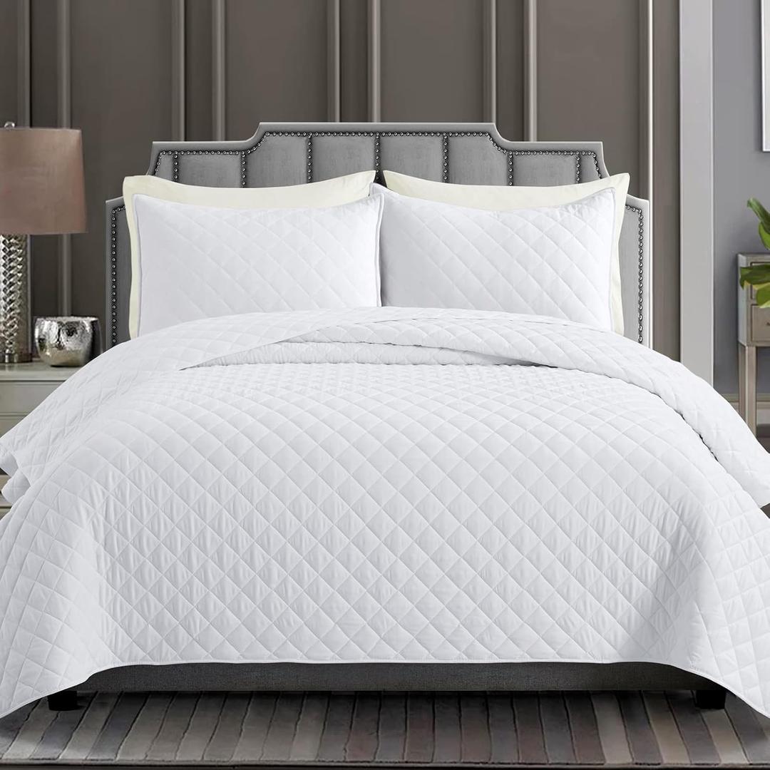 Safonory White Quilt Full/Queen Size - Summer Soft Lightweight Microfiber Diamond Stitched Quilted Bedspread - 3 Pieces Coverlet Bedding Set for Queen Bed(1 Quilt, 2 Shams)