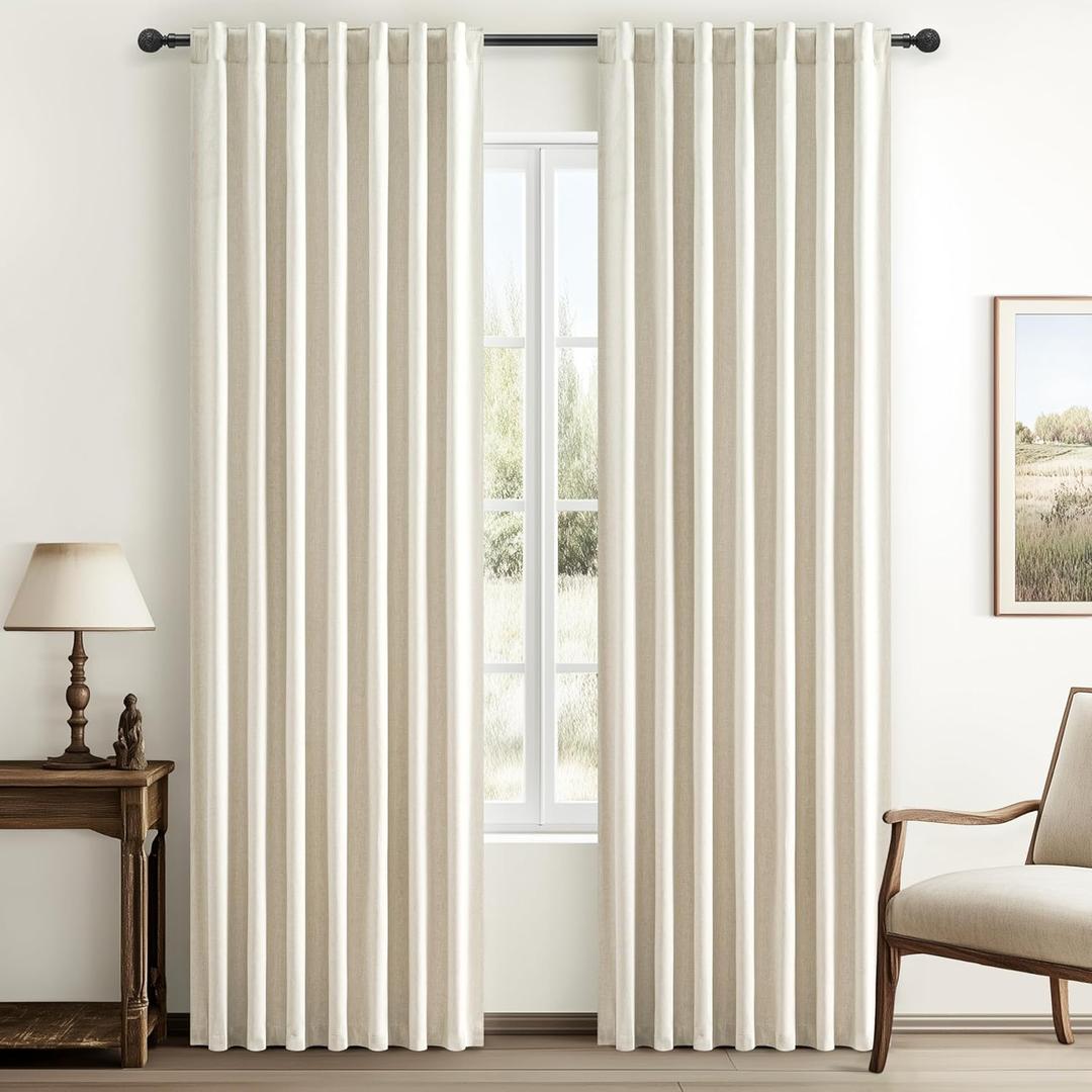 Warm Cream Thick Linen Black Out Curtains 84 Inch Long for Living Room 2 Panels Set, Farmhouse Pleated Room Darkening Window Drapes Insulated Privacy for Kids Bedroom 50"W x 84"L (Rod Pocket Back Tab)