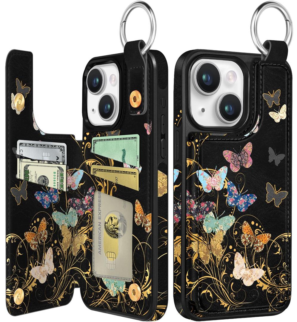 Compatible with iPhone 12 Wallet Case with Card Holder  Designer Golden Butterfly Pattern Kickstand Magnetic Clasp Back Flip Folio Leather Phone Covers for Women Men Girls