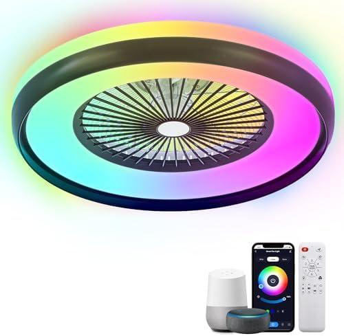 KAMLAM 24" Low Profile Ceiling Fans with Lights, Smart RGB Ceiling Fan with Alexa/Google Assistant/APP Control, Bladeless Flush Mount Enclosed Ceiling Fan Dimmable Color Changing LED Ambient Bedroom
