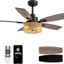 46 Inch Boho Black Hemp Ceiling Fans with Lights and Remote Control, Farmhouse Caged Rattan Ceiling Fan for Dining Room, Bedroom, Living Room and Patio, Indoor/Outdoor (Memoir)