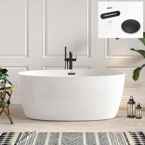FerdY Tahiti 59" Acrylic Freestanding Bathtub, Elegant Oval Shape Soaking Bathtub, Glossy White, Matte Black Drain & Matte Black Overflow Assembly Included cUPC Certified