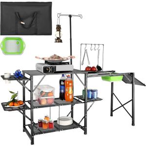 VEVOR Camping Kitchen Table with Sink, Aluminum Folding Portable Outdoor Cook Station, 2 Shelves & Carrying Bag for Picnic BBQ Beach Traveling (Black)