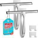 2PACK Shower Squeegee for Glass Doors, Squeegee for Shower GlassAll-Purpose Tile Walls, Bathroom, Window, Glass and Car Windshield, Mirrors and Kitchen-Stainless Steel, 10 Inches, Silver