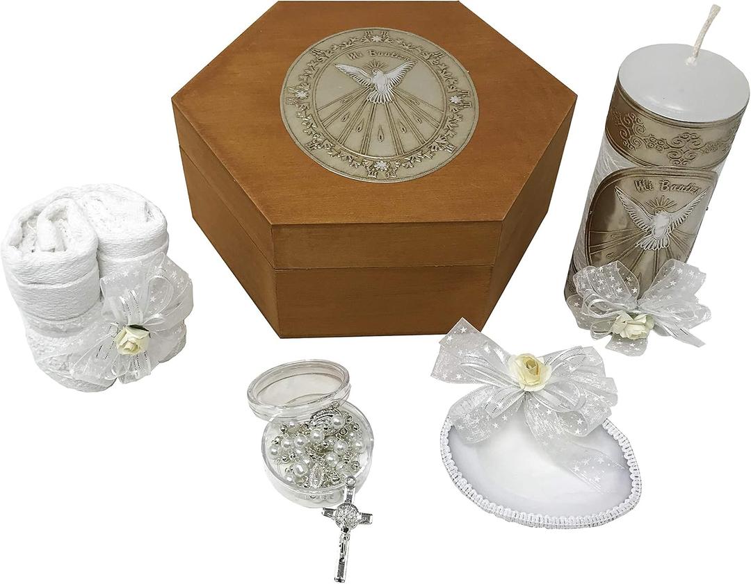 Catholic Baptism Candle Set in a Wooden Box with Towel, Candle, Rosary and Shell for Baby Boys and Girls. Handmade in Mexico