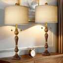 Scenekoy 30" Natural Real Wood Table Lamps Set of 2, Rustic Farmhouse Traditional Table Lamps with Shade for Living Room, Bedside Lamp with Pull Chains Dual Switch for Bedroom Office (Bulbs Included)