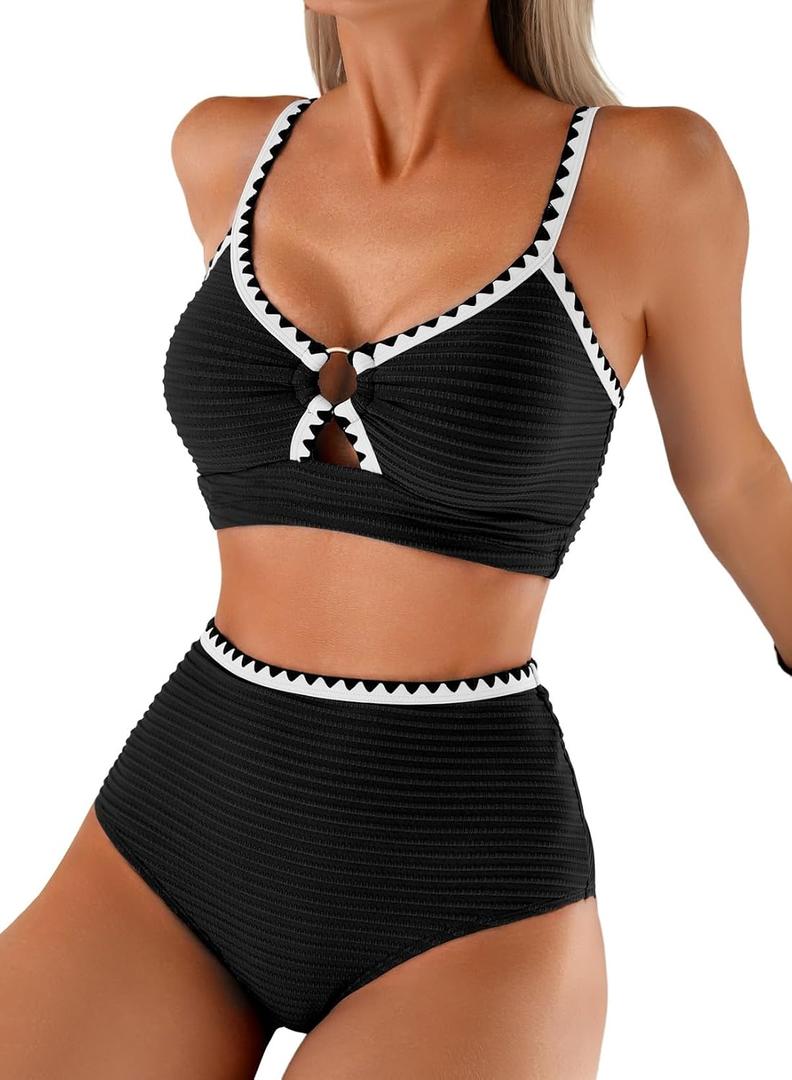 Herseas Women's Textured Bikini Sets O Ring Swimsuits Whip Stitch High Waisted Bathing Suits 2026 Summer Beach Wear, Size: X-Large