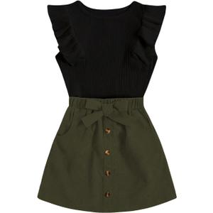 SHENHE 2pcs Girl's Skirt Outfits Ruffled Ribbed Cap Sleeve T Shirt and Button Down Tie Front Skirt Set (Black and Green) 12 Years