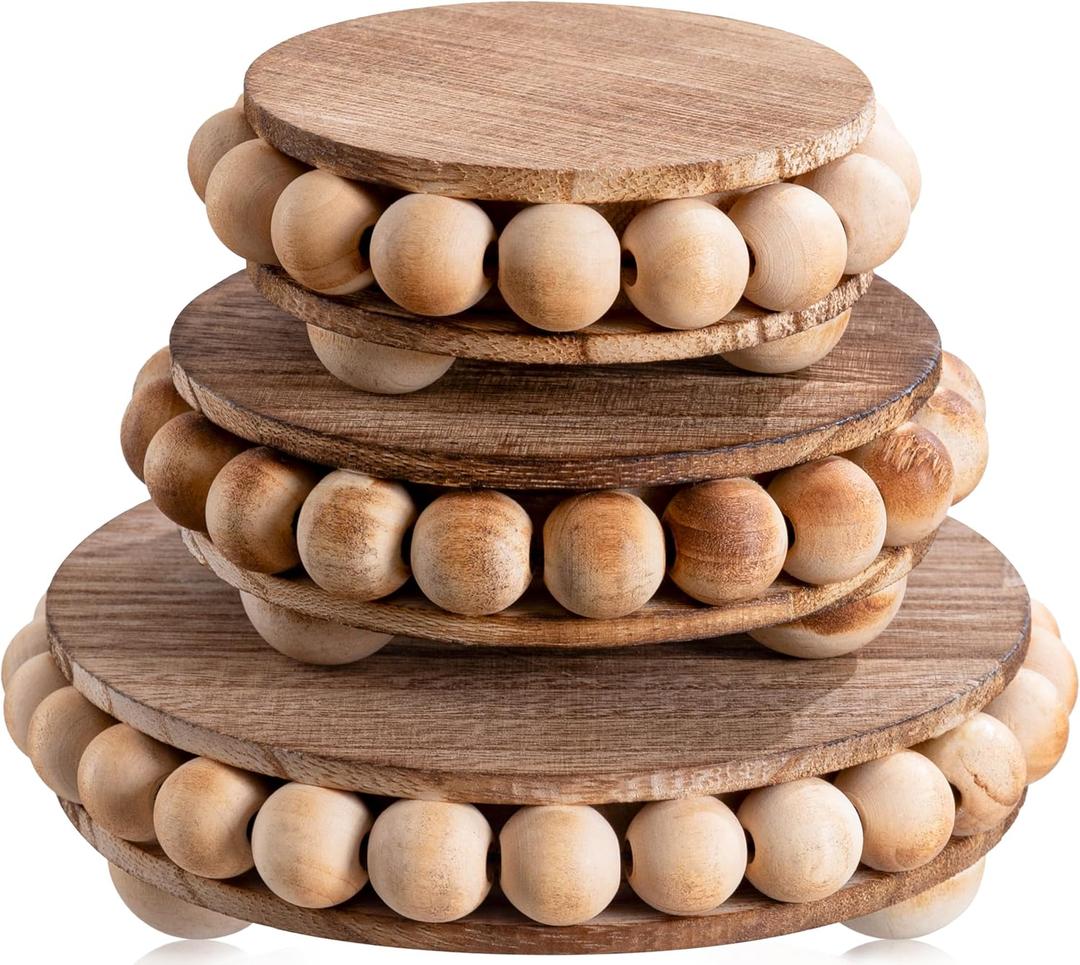 3 Pack Wood Risers for Decor, Small Pedestal Stand Plant Riser for Display Trays Rustic Farmhouse Home Decor