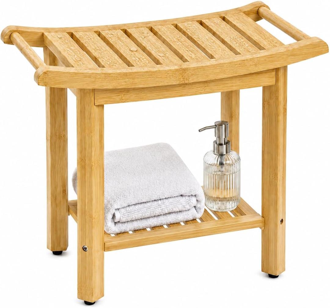 LGURT Bamboo Shower Bench, Rectangular Bathroom Stool, Non-Slip Wood Seat
